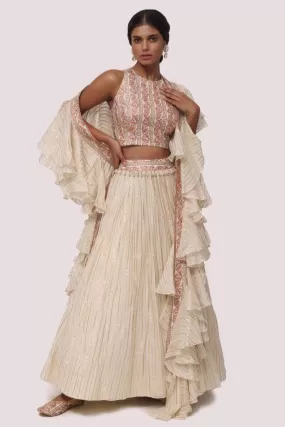 30Z345-RO Off-White Printed Silk and Organza Lehenga with Aari Work