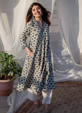 Aadhya Ajrakh Kali Line Cotton Kurta