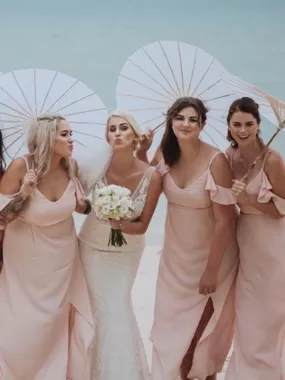 Blush Pink Chiffon Side Slit Beach Wedding Bridesmaid Dresses