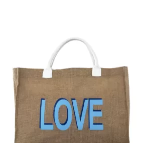 Classic Blue Love Jute Burlap Tote