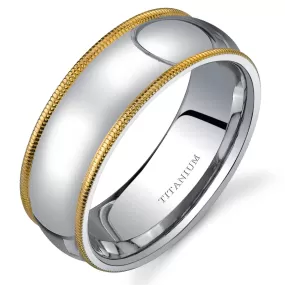 Classic Two-Tone 8mm Men's Genuine Titanium Band, Milgrain Edge, Comfort Fit, Size 12