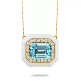 Doves Mykonos Blue Topaz & White Agate Diamond Necklace Pendant 18K Gold