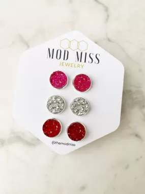 Druzy Stud Earring Set of 3 in Hot Pink, Silver & Red'