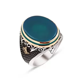 Green Agate Stone with Green Enamel Ellipse Silver Men’s Ring Siding Bush Pattern and Dimond Pattern and Ottoman Tughra