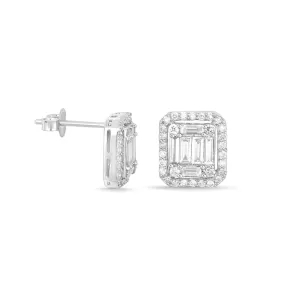 Jumbo Baguette Diamond Halo Stud Earrings in Solid 18k White Gold