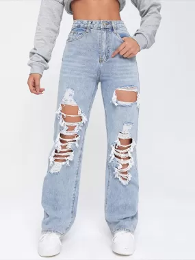 Light Washed Cut Out Ripped Straight Leg Jeans