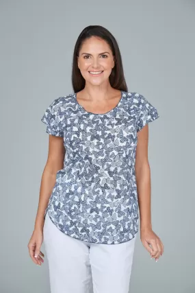 Navy Butterfly Print Short Sleeve Non-Crush Jacquard Cotton Top