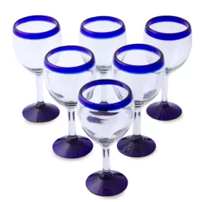 Novica Cobalt Contrasts Blown Glass Wine Goblets (Set Of 6)