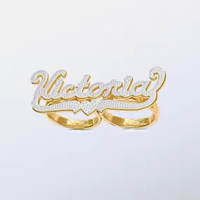 Personalized Two-Finger Name Ring with Beading and Rhodium With Tail  Victoria